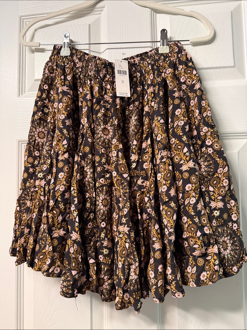 Boho Floral Tiered Skater Skirt - Black with Pink & Gold Floral